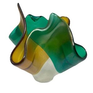 Hand Blown Murano Art Glass Ruffle Vase Green Amber Freeform Fused Fazzoletto
